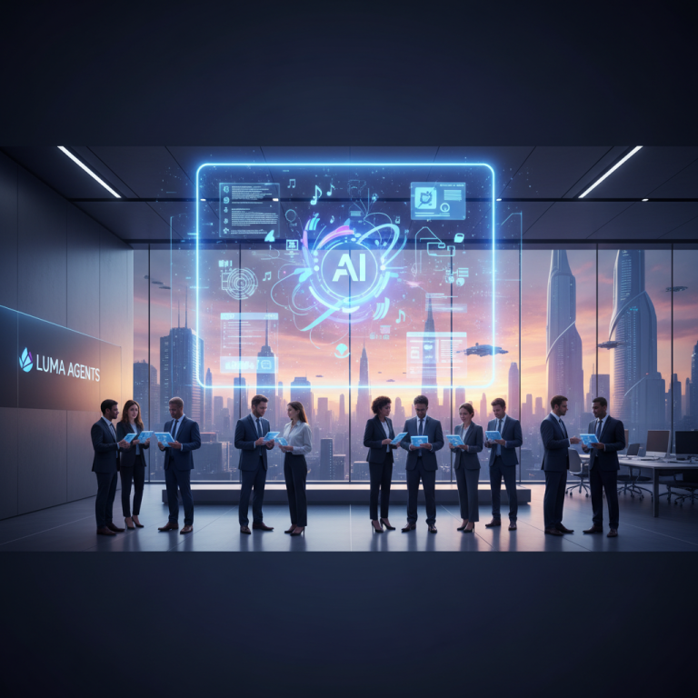 A professional group of diverse business people interacting with a large, glowing AI interface in an office.