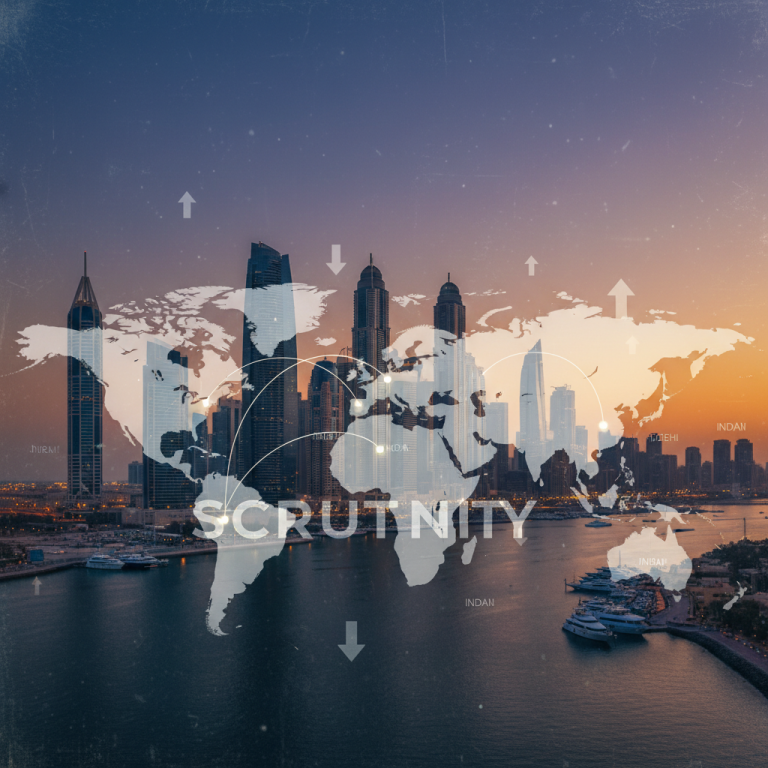 Dubai skyline at sunset with a semi-transparent world map overlay and upward and downward arrows, representing market fluctuations.