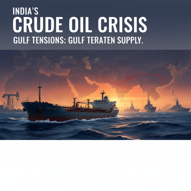 An oil tanker sailing through rough seas with a map of the Gulf region and oil rigs in the background.