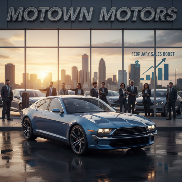 A modern car dealership with business people and a graph showing increased sales.