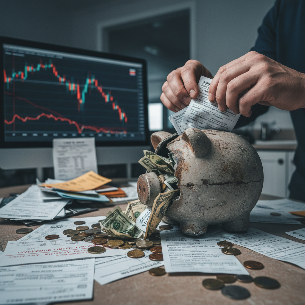 A person's hands are seen stuffing bills into a broken piggy bank, with money spilling out onto a table covered in financial documents and coins. In the background, a computer monitor displays a downward-trending stock market chart.