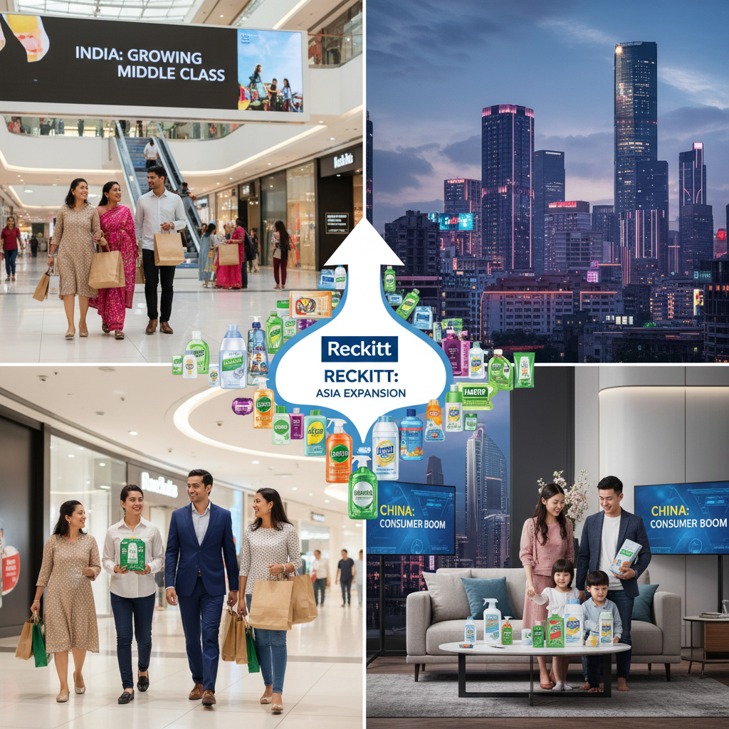 A collage image representing Reckitt's expansion in India and China. It features shopping malls, urban skylines, and families with Reckitt products.