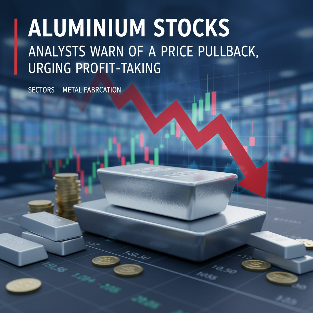 Aluminium ingots and coins with a downward trending stock chart, signaling a market pullback.