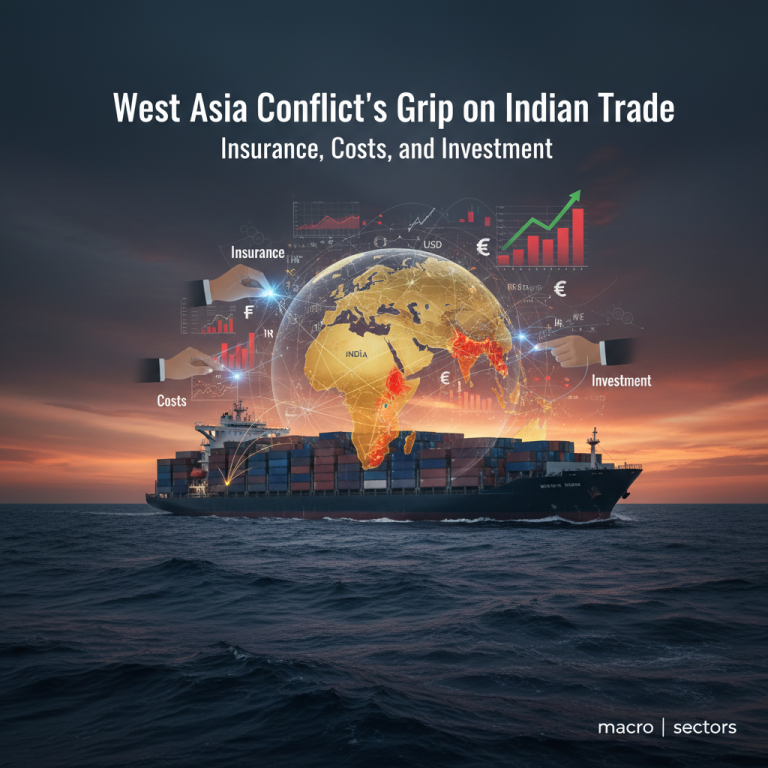 ** A container ship sailing at sunset, overlaid with a map of West Asia and India, economic charts, and hands symbolizing trade.