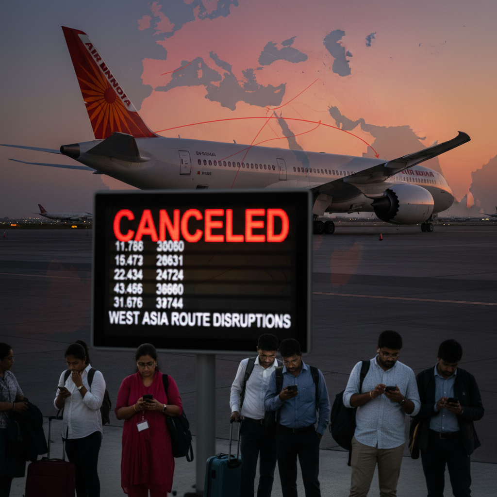 An airport scene showing an Air India plane, a "CANCELED" flight board, and a map of West Asia.