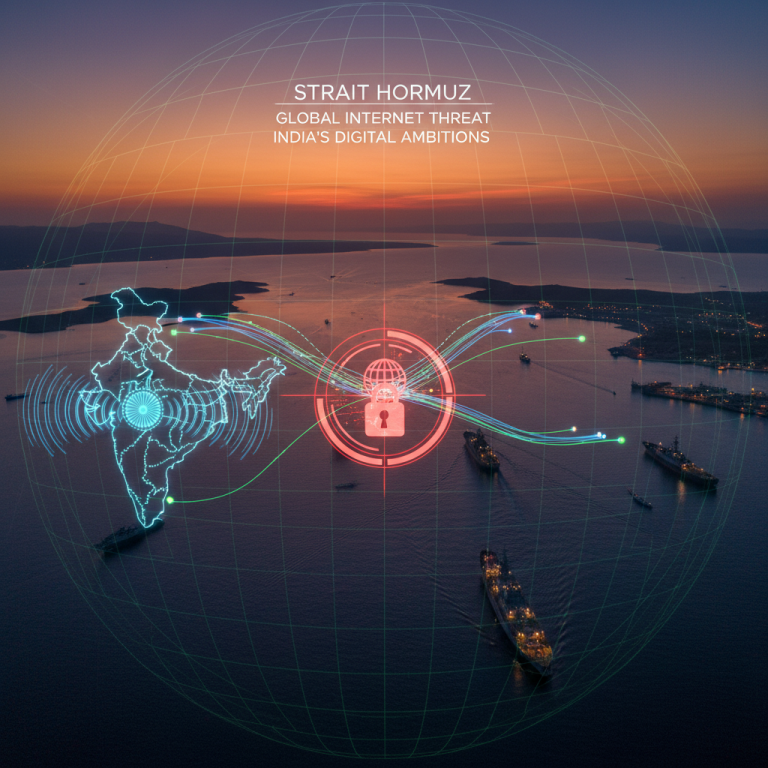 An aerial view of the Strait of Hormuz at sunset, with digital overlay showing India, data flow, and a locked internet icon.