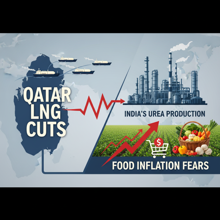 Infographic showing Qatar's LNG cuts leading to decreased urea production in India, threatening food inflation.