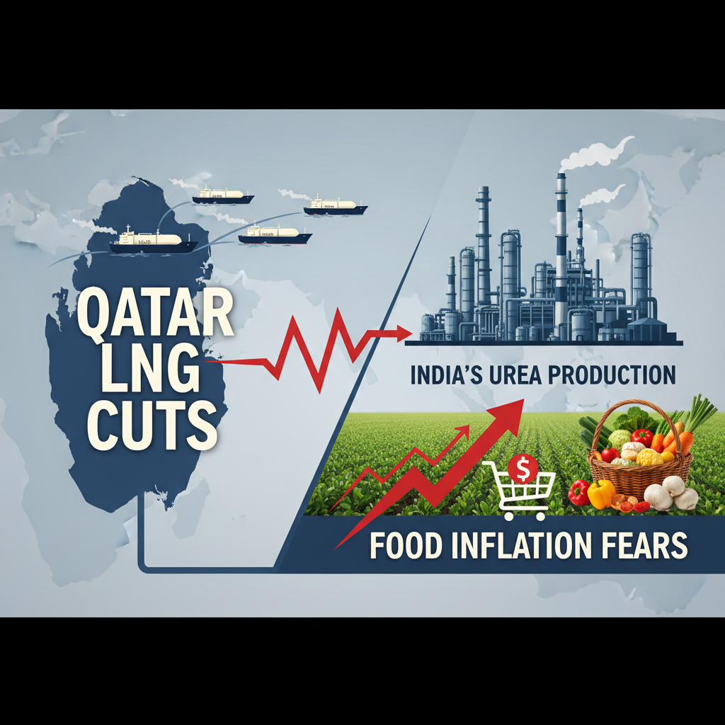Infographic showing Qatar's LNG cuts leading to decreased urea production in India, threatening food inflation.