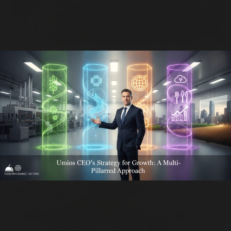 A professional CEO gestures towards four glowing pillars representing strategy and growth in food processing.