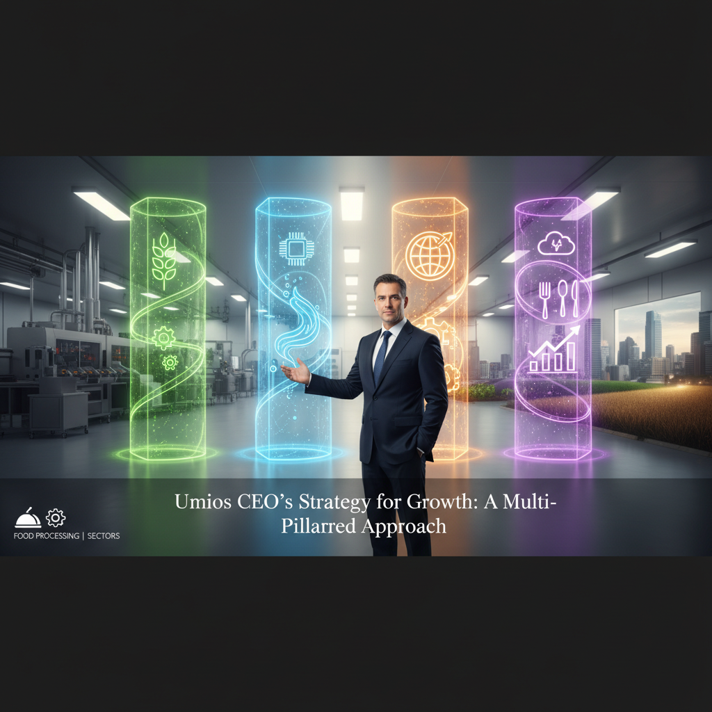 A professional CEO gestures towards four glowing pillars representing strategy and growth in food processing.