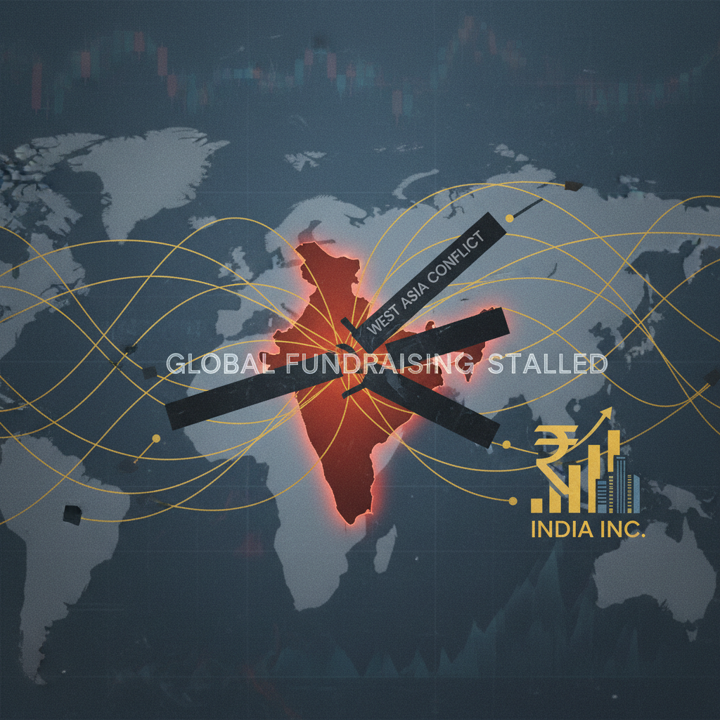 A world map with India highlighted, showing conflict lines and stalled fundraising, symbolizing geopolitical economic impact.