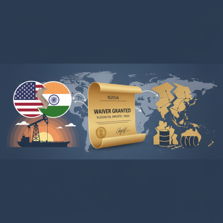 An infographic showing the US and Indian flags, a scroll granting a waiver for Russian oil, and cracked oil barrels.