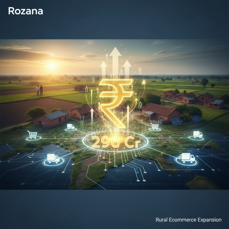 Digital rupee symbol and "290 Cr" glowing over a map connecting rural villages with e-commerce icons and growth arrows.