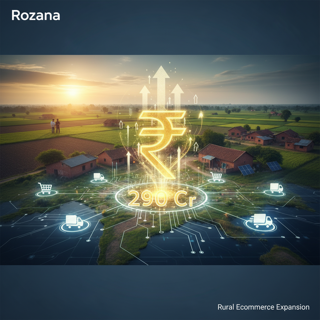Digital rupee symbol and "290 Cr" glowing over a map connecting rural villages with e-commerce icons and growth arrows.