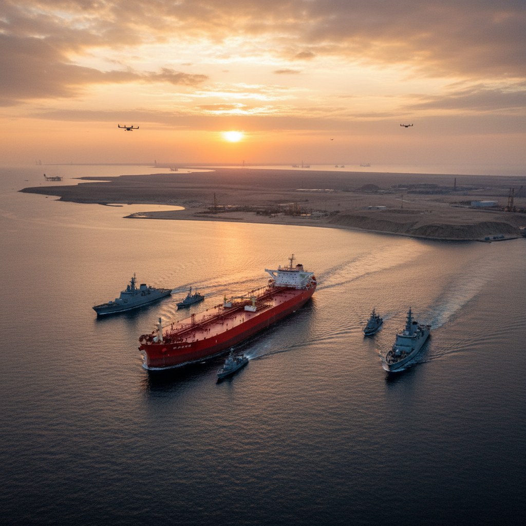 An oil tanker escorted by naval ships at sunset, symbolizing China's navigation of geopolitical challenges in Hormuz.