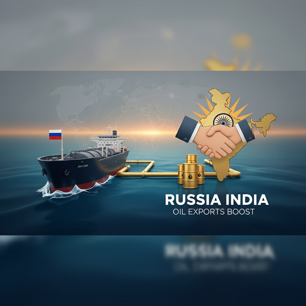 An oil tanker, Russian and Indian flags, a handshake, oil barrels, and maps of Russia and India, symbolizing oil trade.