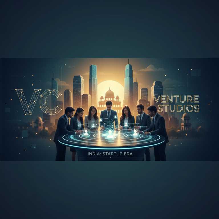 Professionals collaborating around a glowing holographic table with a futuristic Indian cityscape and text 'VC' and 'Venture Studios'.
