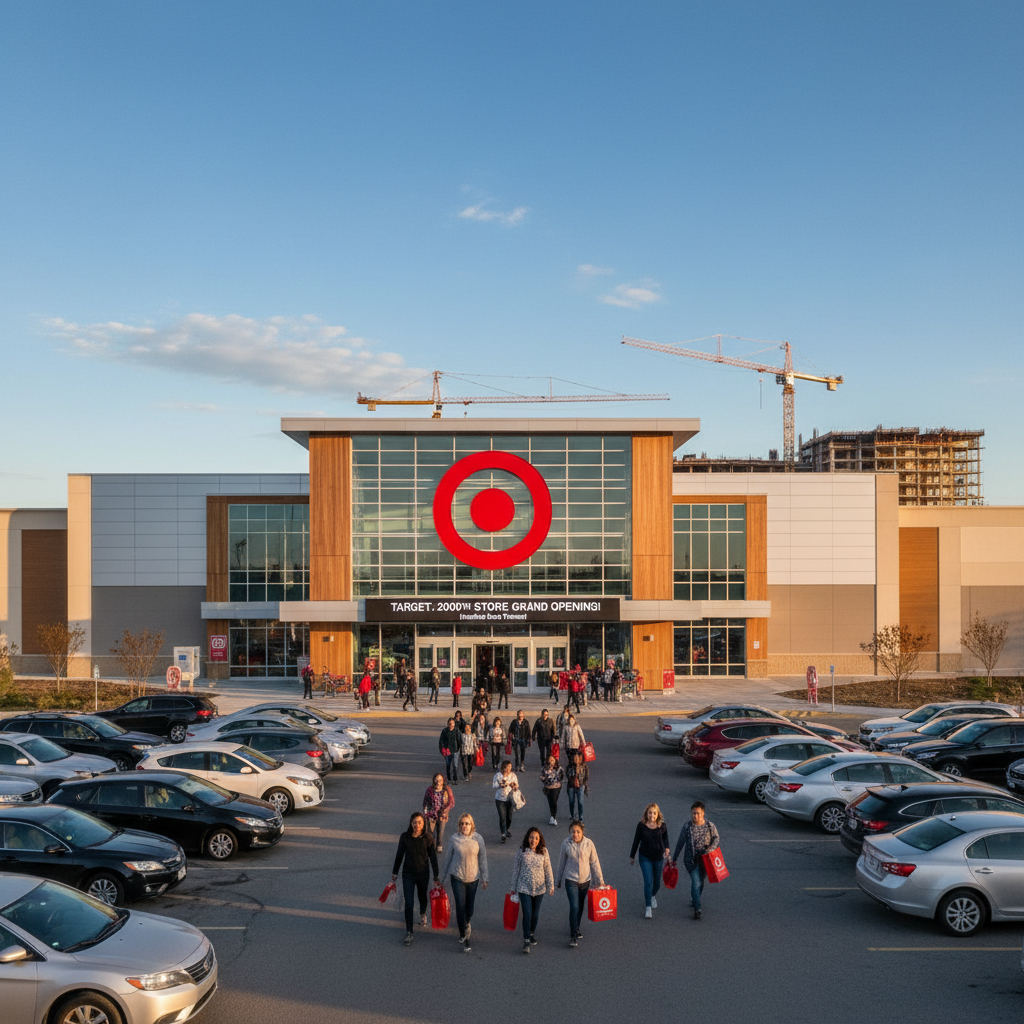 An aerial view of a bustling new Target store with a large parking lot and shoppers entering.