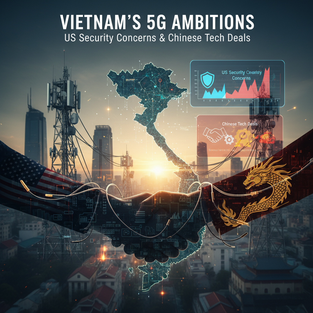 An image representing Vietnam's 5G ambitions, with a handshake between US and Chinese flags over a map of Vietnam.