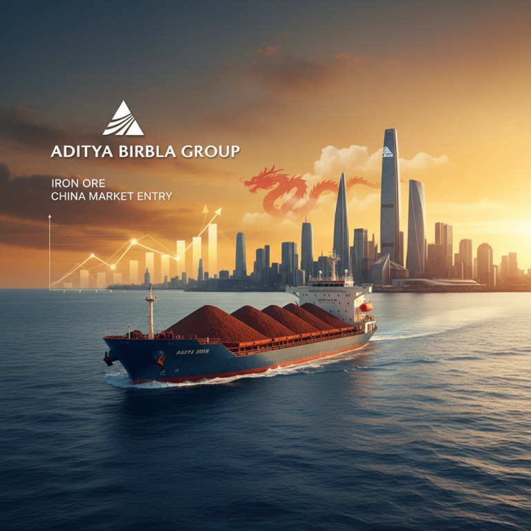 A cargo ship laden with iron ore sails towards a modern Chinese cityscape at sunset, with growth charts and the Aditya Birla logo.
