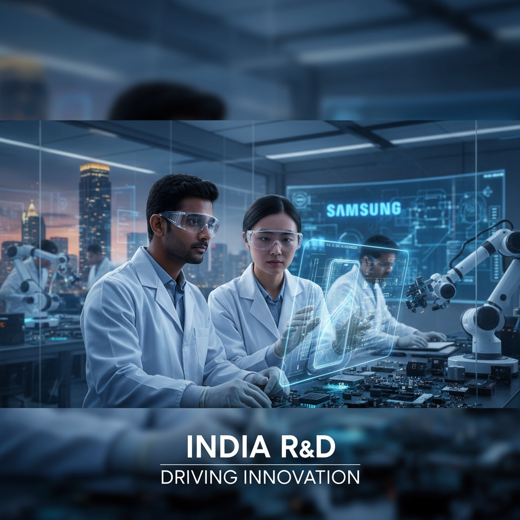 Researchers in lab coats examining holographic displays, representing Samsung's R&D in India for Galaxy S26 innovation.