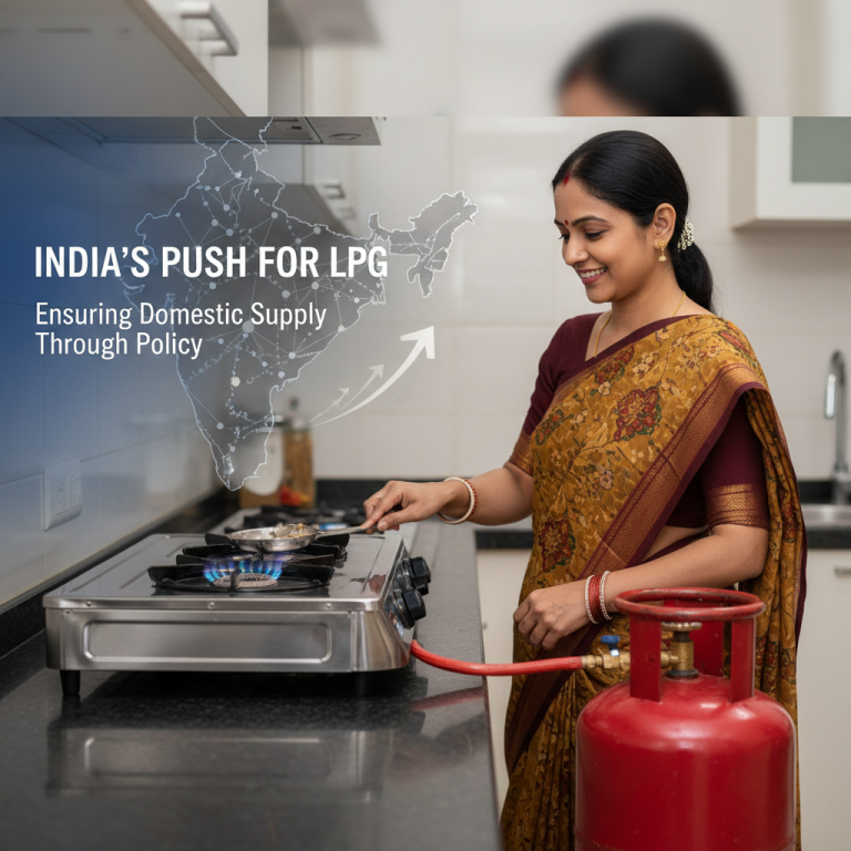 A woman cooking with an LPG stove and cylinder, overlaid with a map of India and an upward trend arrow.