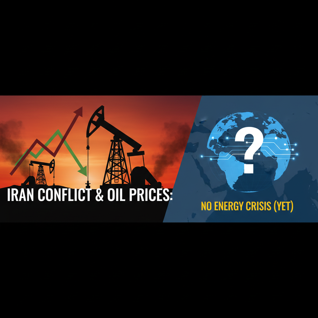 Oil pumpjacks at sunset with arrows indicating fluctuating prices, and a globe with a question mark.