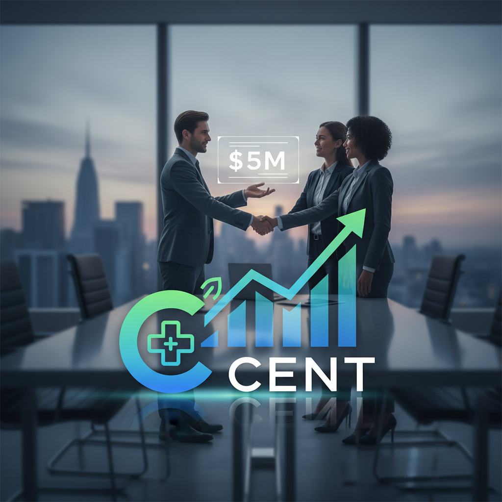 Professional image depicting a handshake between business figures with a Cent logo and a $5M growth graph overlay.