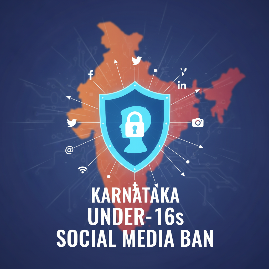 A shield with a padlock over a map of India and social media icons, symbolizing the Karnataka social media ban for under-16s.