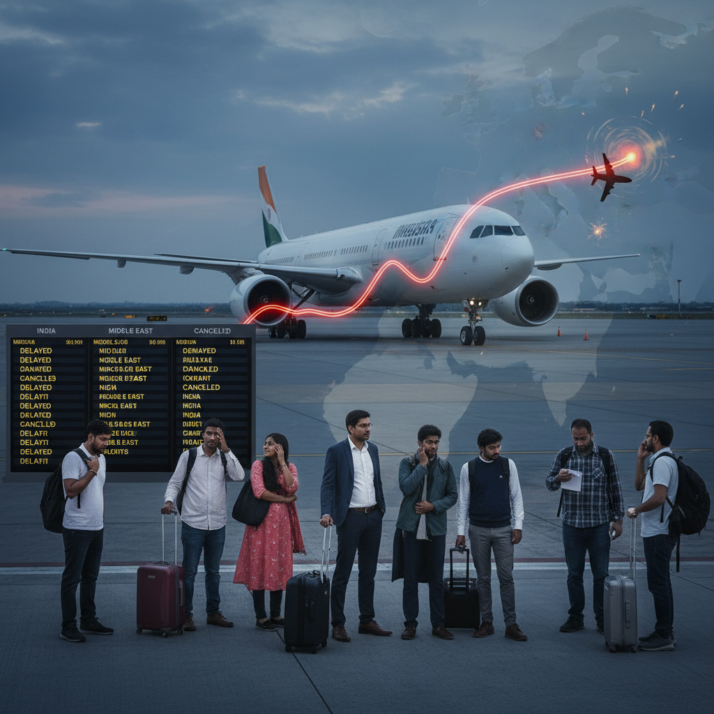 A group of travelers with luggage looking concerned at an airport with a delayed flights board.