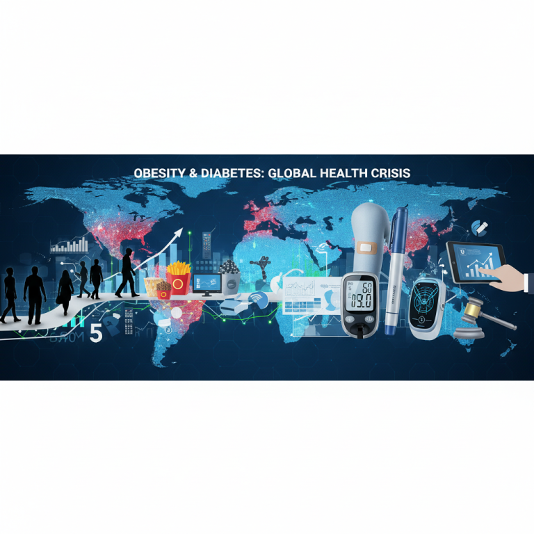 An impactful visual representing the global health crisis of obesity and diabetes with relevant medical and policy icons.