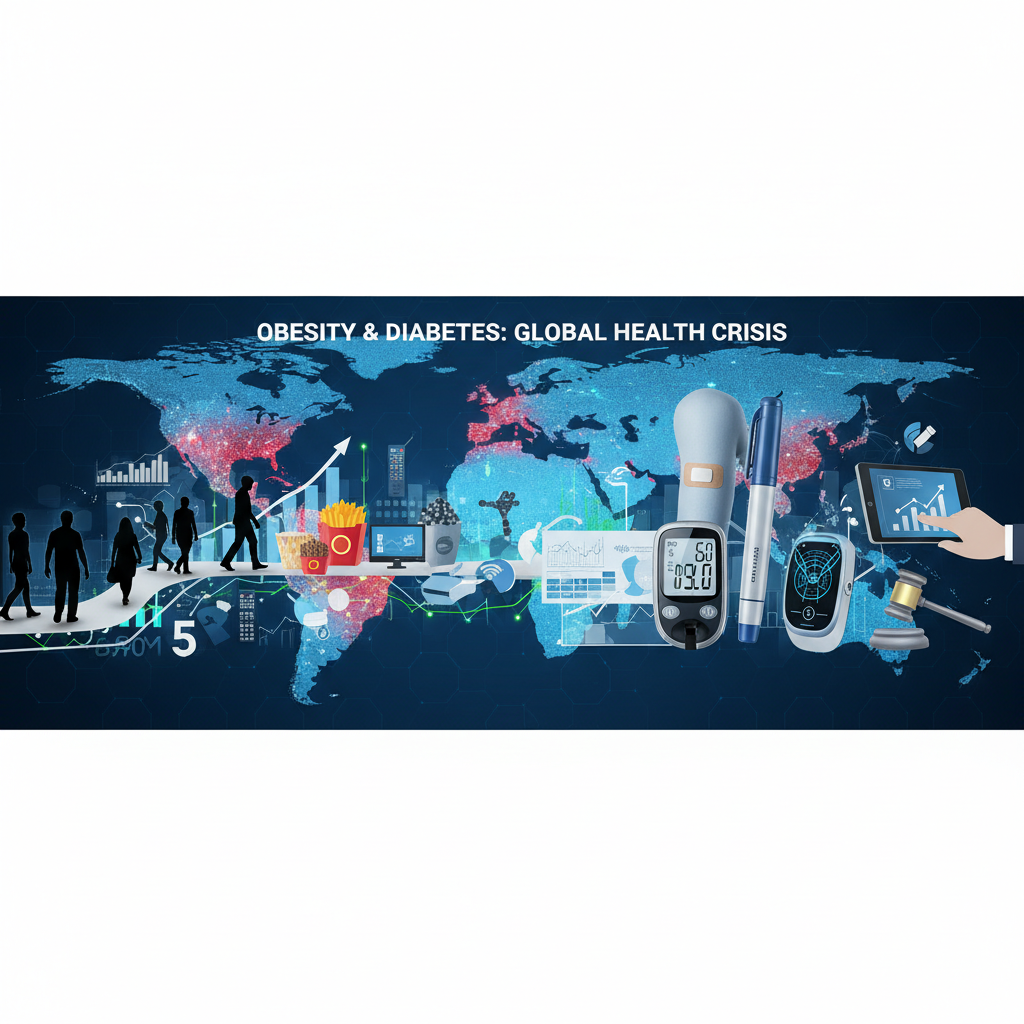 An impactful visual representing the global health crisis of obesity and diabetes with relevant medical and policy icons.