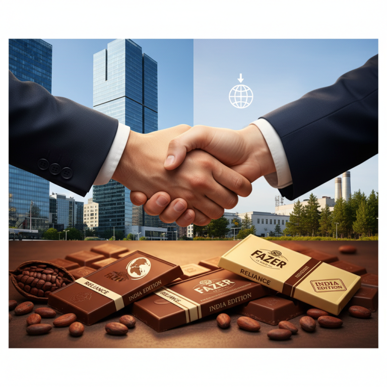 Two business hands shaking over a split background of cityscapes, with Fazer and Reliance branded chocolates below.