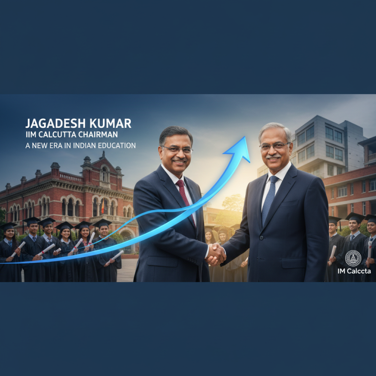 Two professional men shaking hands with a blue upward arrow, symbolizing progress, against a backdrop of a university campus.