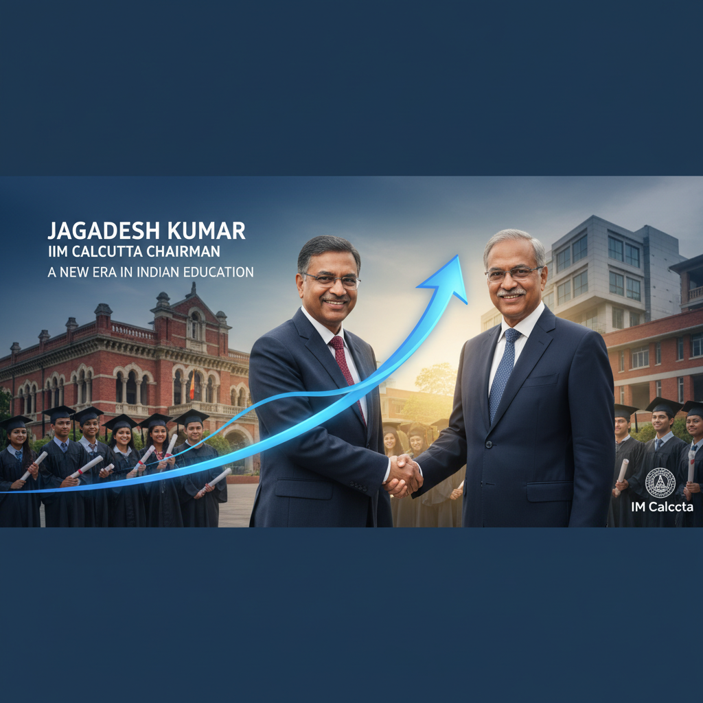Two professional men shaking hands with a blue upward arrow, symbolizing progress, against a backdrop of a university campus.
