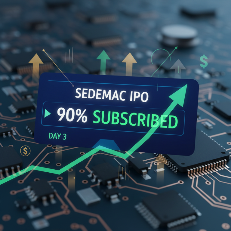 A professional graphic showing "SEDEMAC IPO 90% SUBSCRIBED DAY 3" over a circuit board with upward arrows.