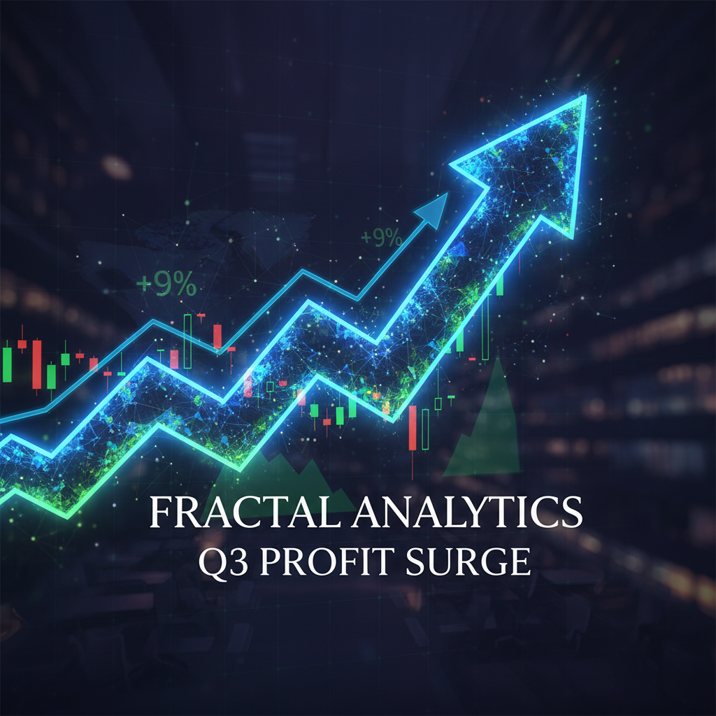A vibrant blue and green upward-trending arrow with "FRACTAL ANALYTICS Q3 PROFIT SURGE" text and financial charts.