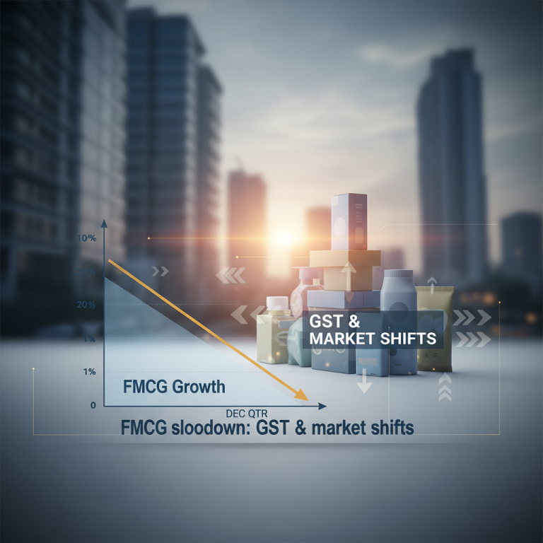 A professional graphic depicting a downward trend line for FMCG growth, with consumer products and urban buildings in the background.