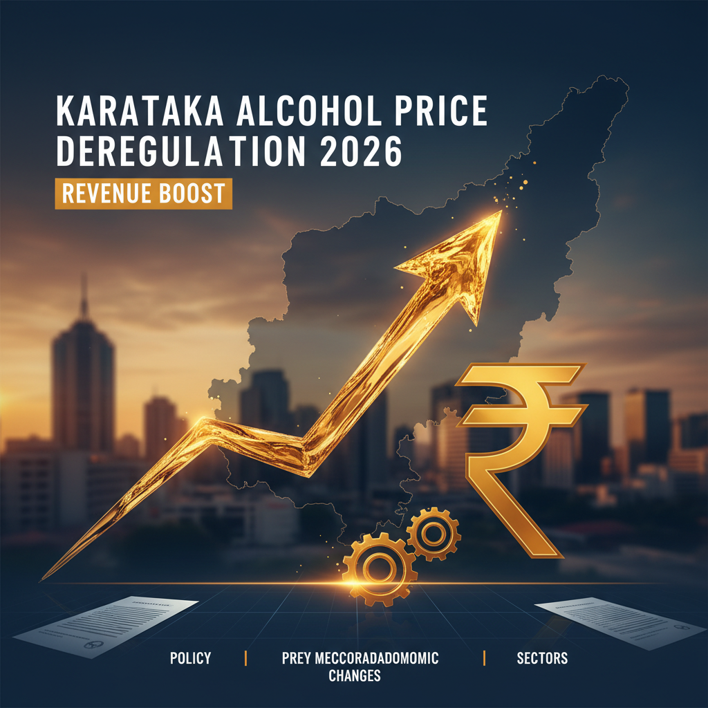 A professional image showing a golden rupee symbol and an upward arrow over a map of Karnataka, with city background.