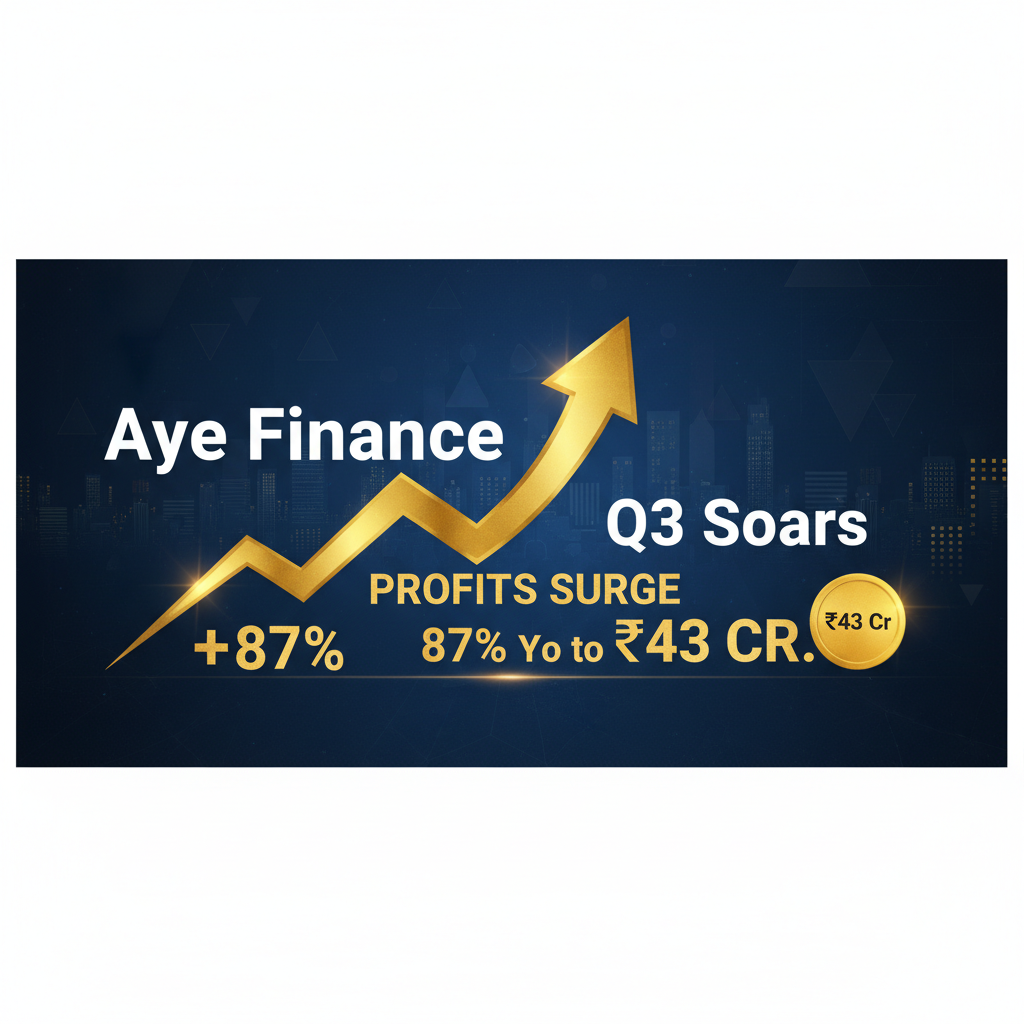 A golden arrow pointing upwards, symbolizing growth, with "Aye Finance Q3 Soars" and financial figures.