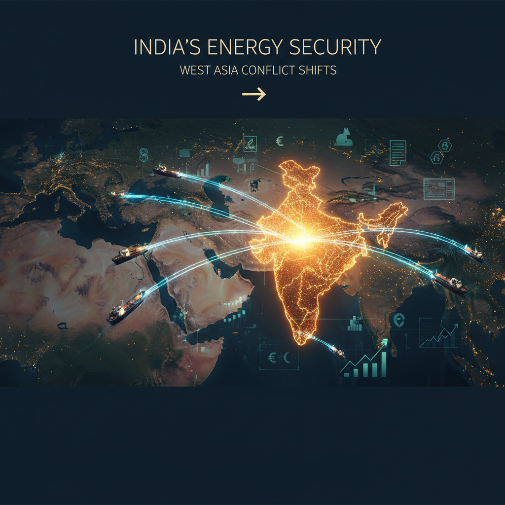 A map showing India glowing, with oil tankers and energy symbols representing geopolitical shifts and energy policy.