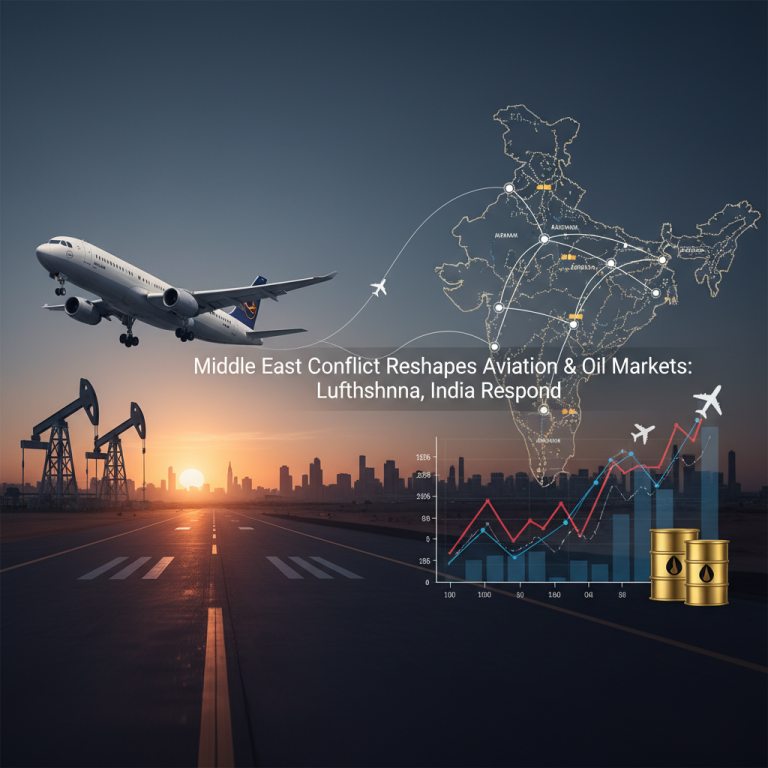 A professional image showing a Lufthansa plane, oil derricks at sunset, and an overlay of a map of India with flight paths and market graphs.