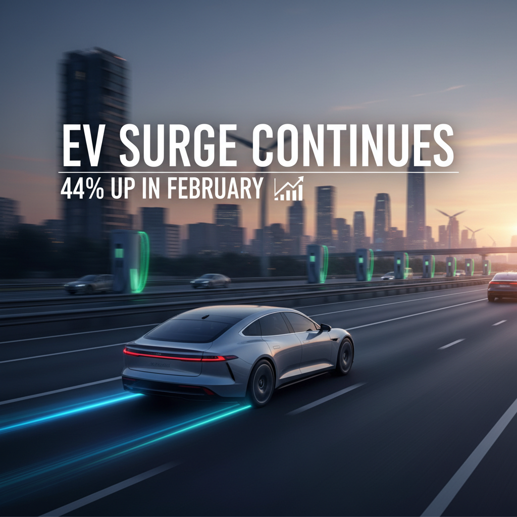 Electric vehicle on a highway with a city skyline and charging stations in the background, text overlay.