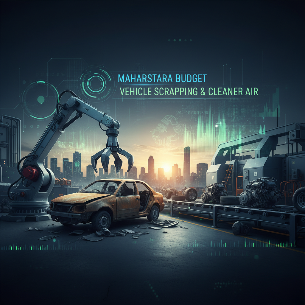 A robotic arm dismantling a rusty car in a futuristic cityscape, symbolizing vehicle scrapping policy and clean air goals.