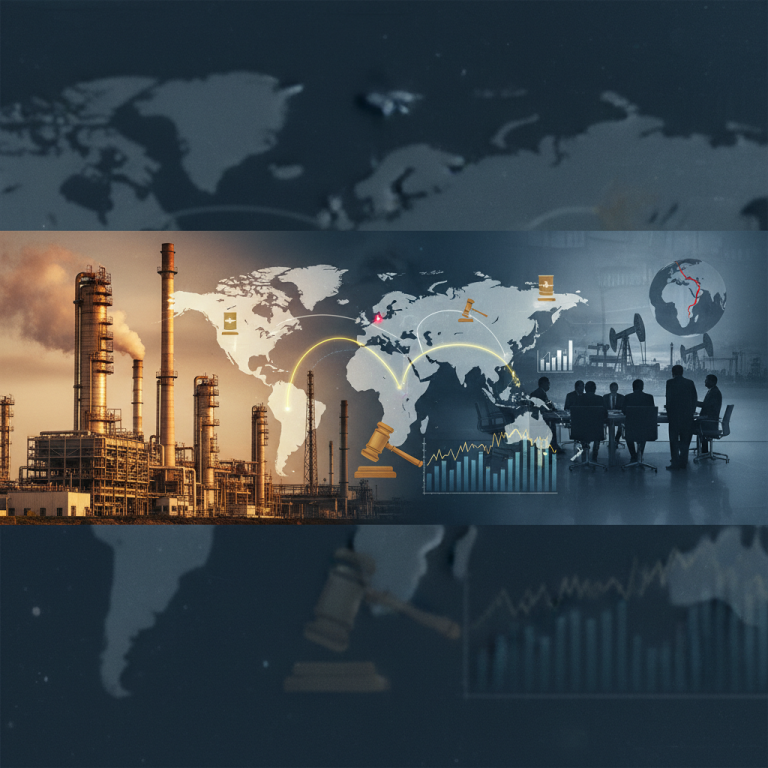 A collage of an oil refinery, global map with trade routes, and business people, symbolizing oil policy and trade.