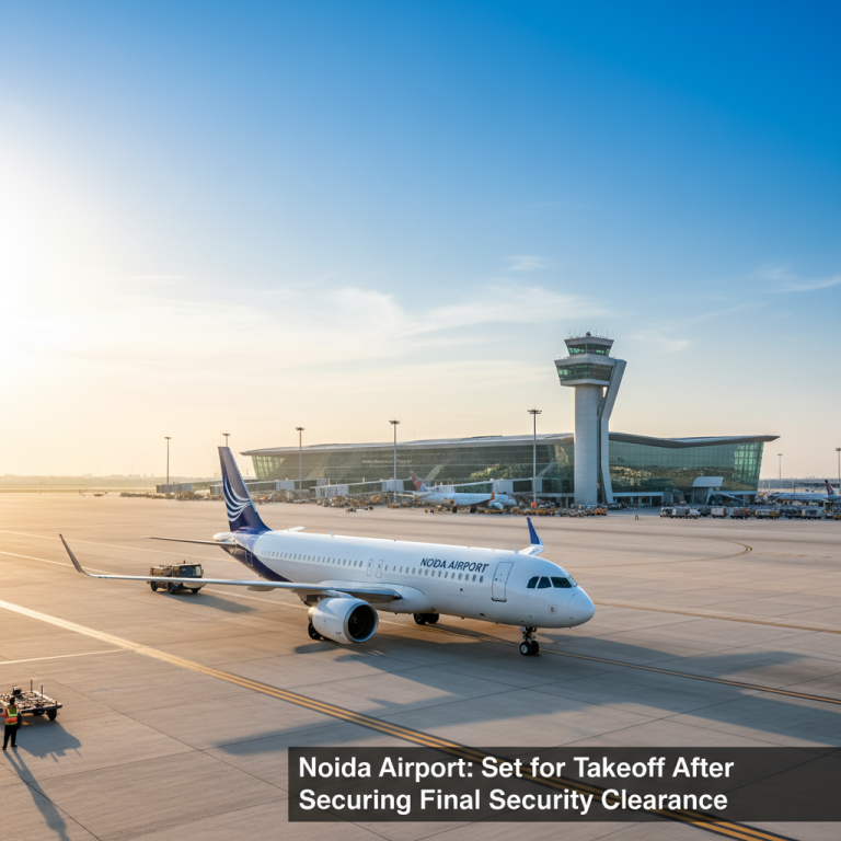 A modern passenger airplane on the tarmac at Noida Airport with the control tower and terminal building in the background.