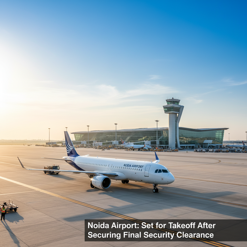 A modern passenger airplane on the tarmac at Noida Airport with the control tower and terminal building in the background.