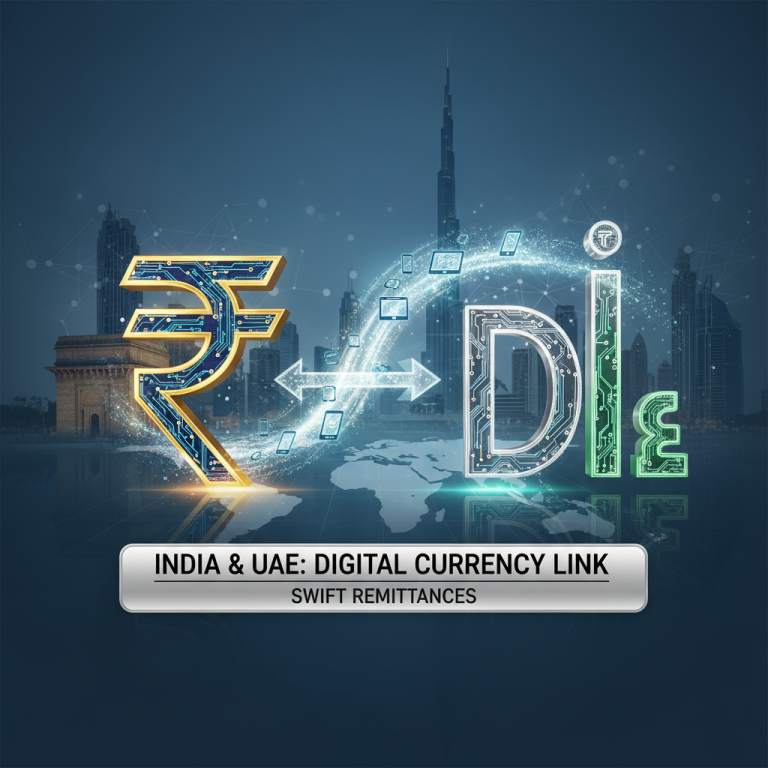 Digital Indian Rupee and UAE Dirham symbols linked with arrows over a global city skyline.