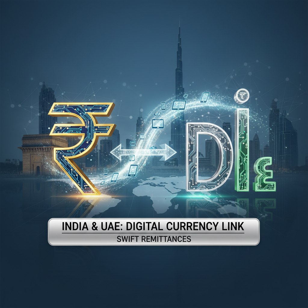 Digital Indian Rupee and UAE Dirham symbols linked with arrows over a global city skyline.