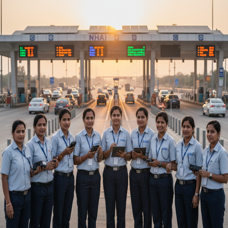 A group of confident women in uniform stand in front of a bustling toll plaza at sunset, holding digital devices.